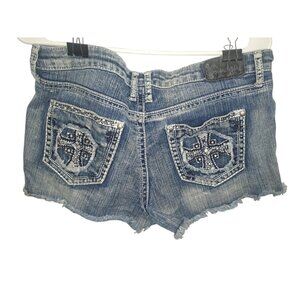 Y2K Sound Girl Distressed Embroidered Raw Hem BoHo Edgy Blue Jean Shorts 13